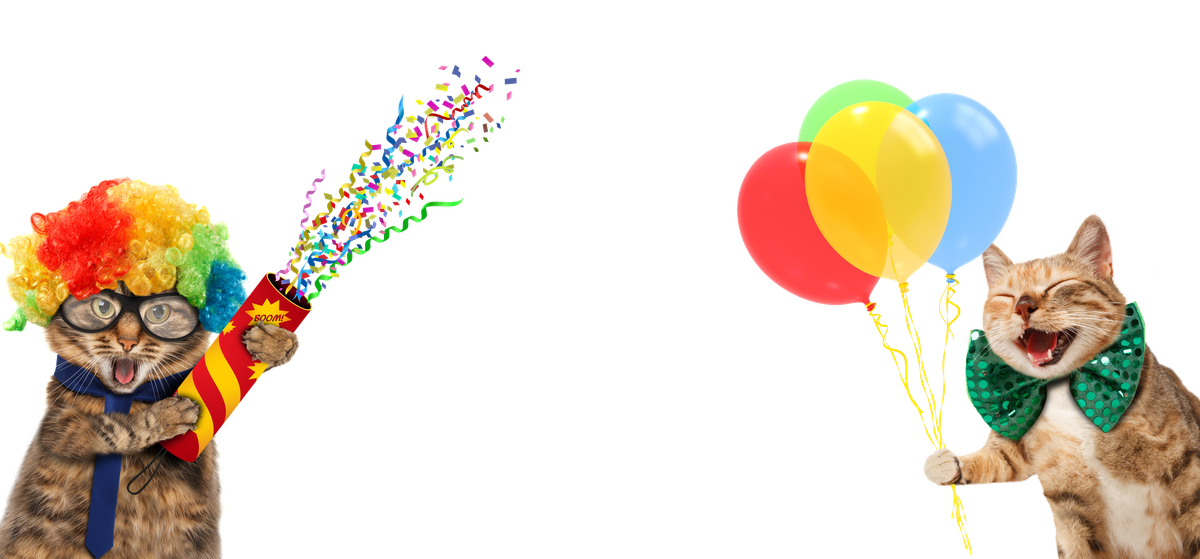 Two celebrating cats with confetti and balloons